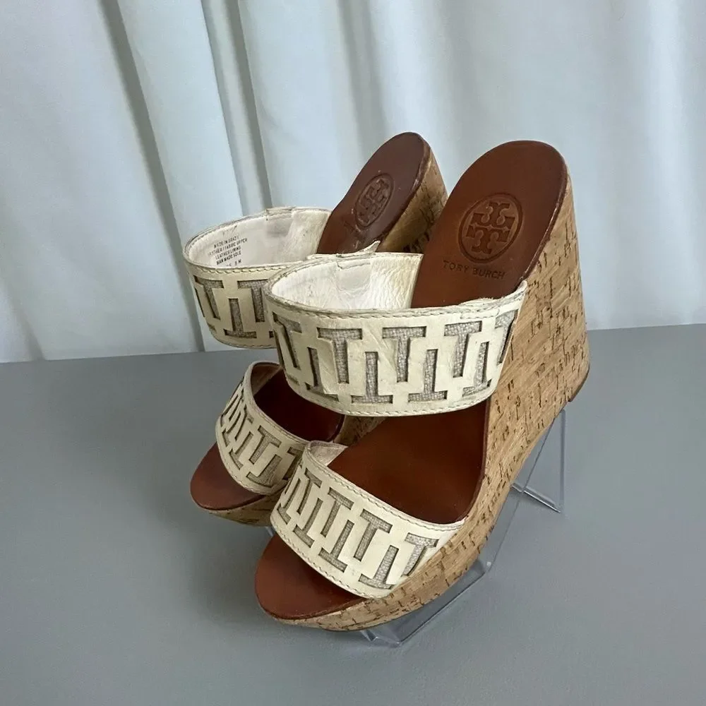 Tory Burch Tan and Cream Wedge Sandals size 8M - Picture 4 of 11